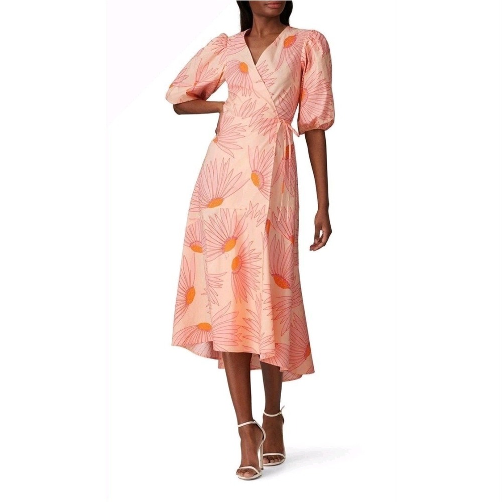 Kate Spade Women Cotton Floral Midi Wrap Dress Orange Pink Size 8 $378